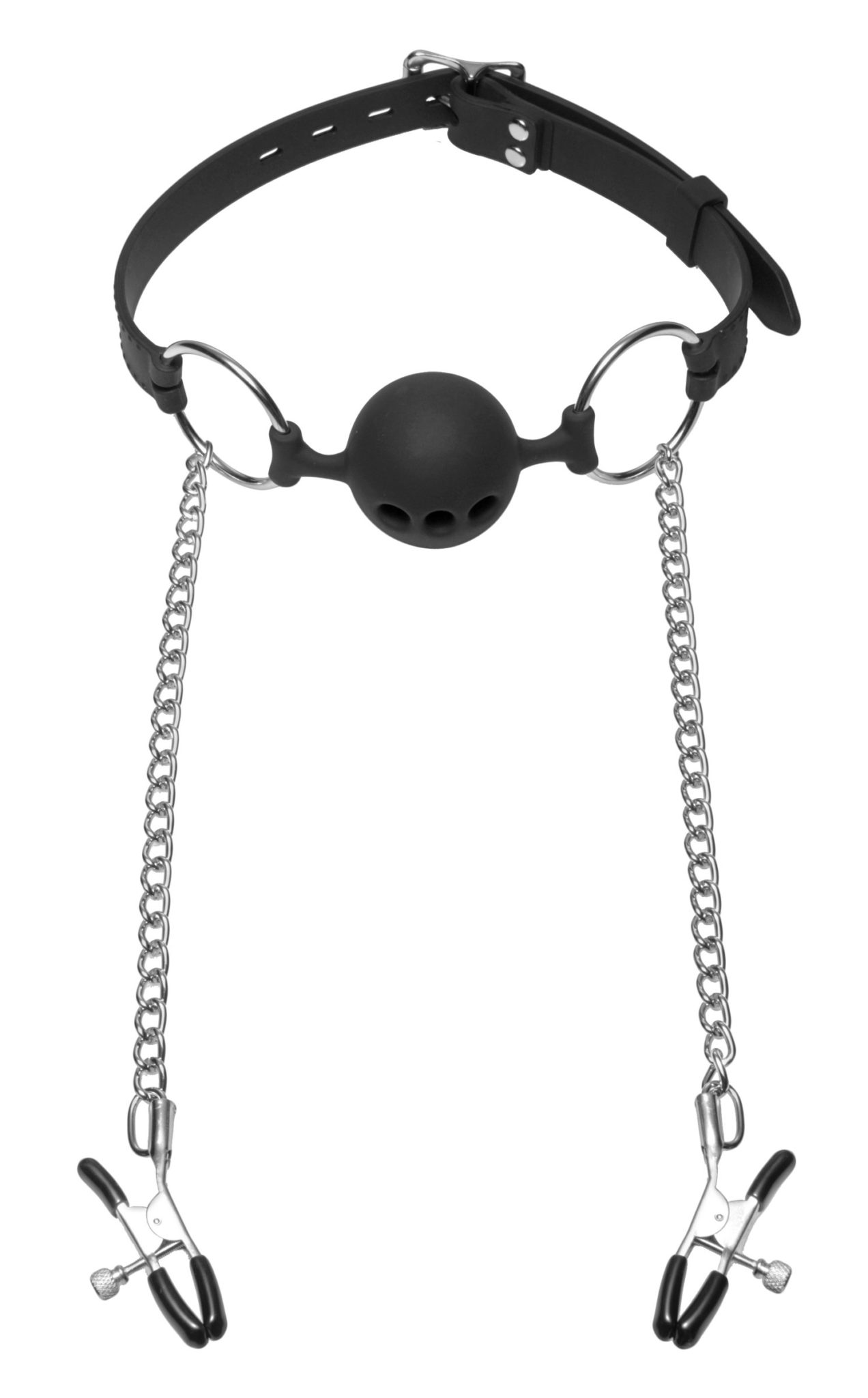 Master Series Hinder Breathable Silicone Ball Gag with Nipple Clamps - Image 2
