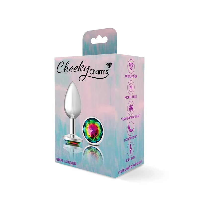 Cheeky Charms Silver Round Butt Plug w Rainbow Jewel Small - Image 3