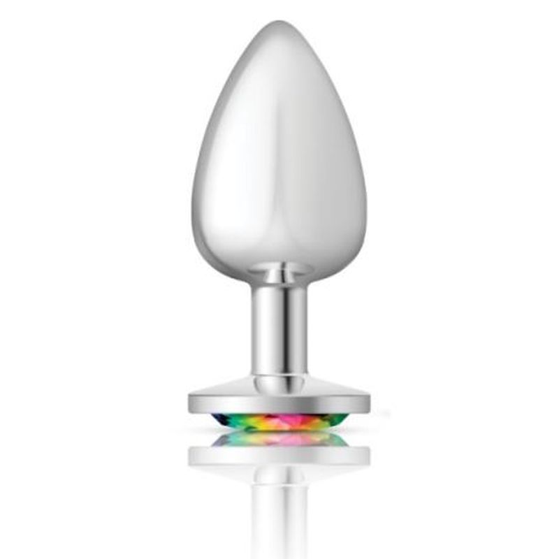 Cheeky Charms Silver Round Butt Plug w Rainbow Jewel Large - Image 2