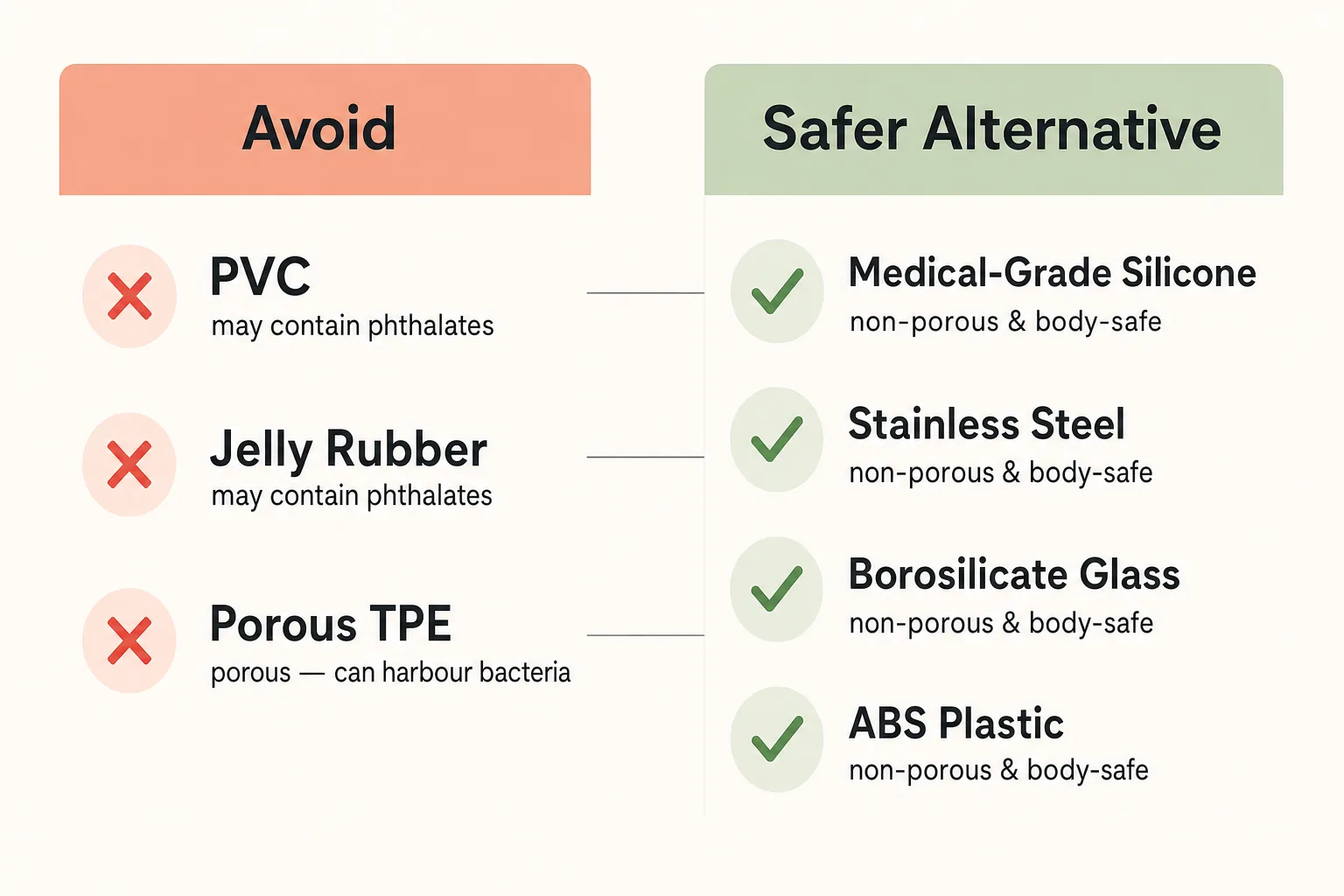 Two-column educational checklist comparing unsafe toy materials (PVC, jelly rubber, porous TPE) marked with red warning symbols against body-safe alternatives (medical-grade silicone, stainless steel, borosilicate glass, ABS plastic) marked with green ticks.