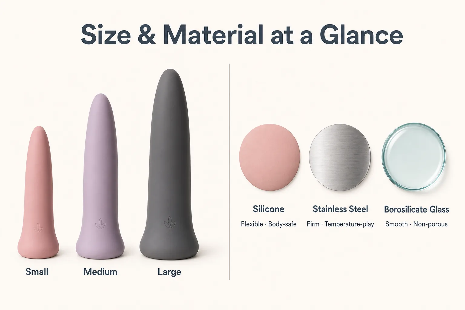 Side-by-side comparison infographic showing three graduated silicone anal plugs (small, medium, large) with material swatches for silicone, stainless steel, and borosilicate glass.