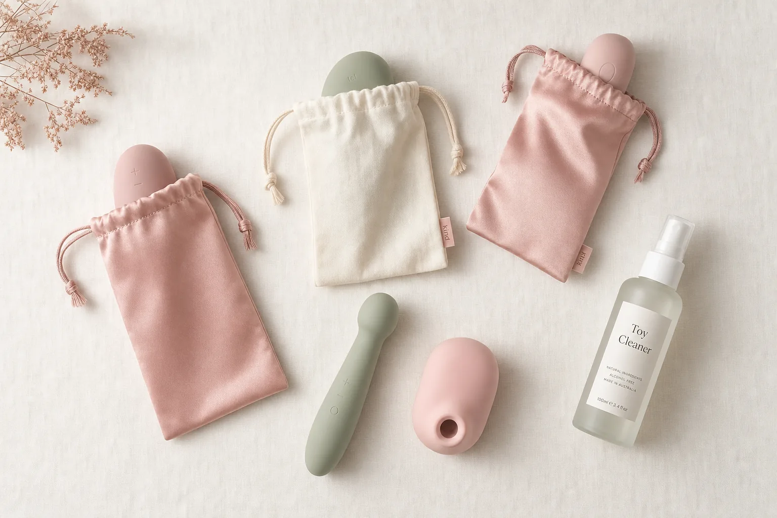 Organised flat-lay showing personal wellness devices stored individually in satin and cotton pouches, arranged with a toy-cleaner spray bottle on a neutral surface.